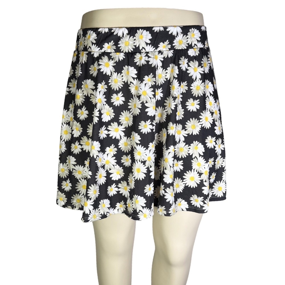 Y2K Joe Boxer Womens XL Black Daisy Floral Print Skater Skirt Elastic Waist